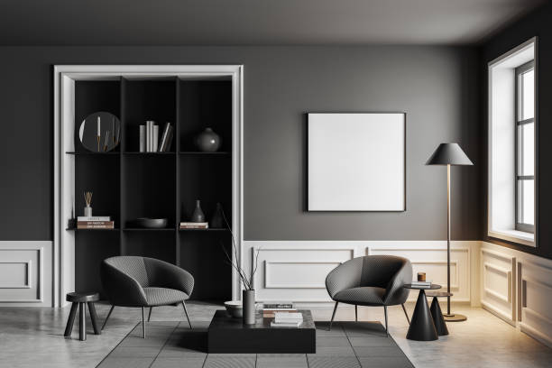 istock Grey relax interior with seats and shelf with decoration, window. Mockup frame 1448343772