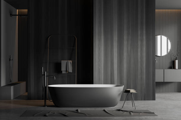 istock Front view on dark bathroom interior with bathtub, shower 1448343905