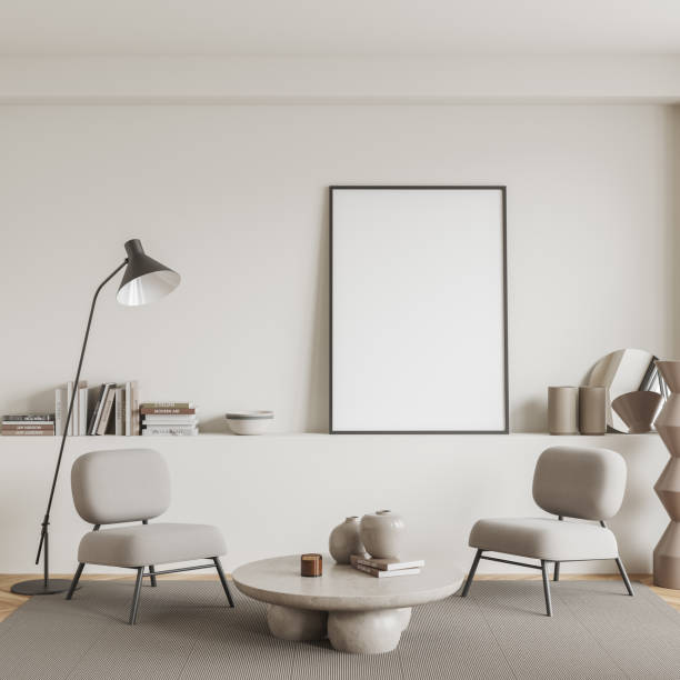 istock Light chill interior with seats and coffee table with decor, mockup frame 1448344163