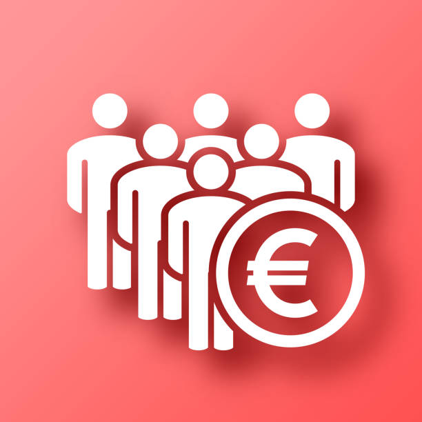 illustrations, cliparts, dessins animés et icônes de foule avec le signe euro. icône sur fond rouge avec ombre - meeting business red backgrounds