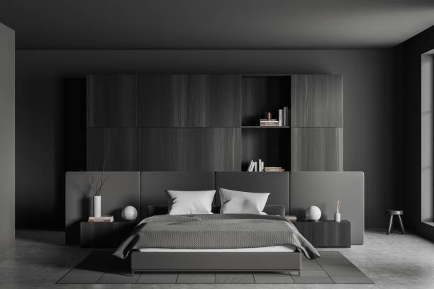 istock Grey bedroom interior with bed and shelf with decoration 1448345144