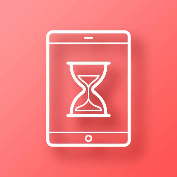 Vector illustration of Tablet PC with hourglass. Icon on Red background with shadow