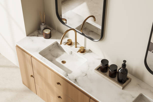 istock Top view of light bathroom interior with washbasin and accessories 1448345410