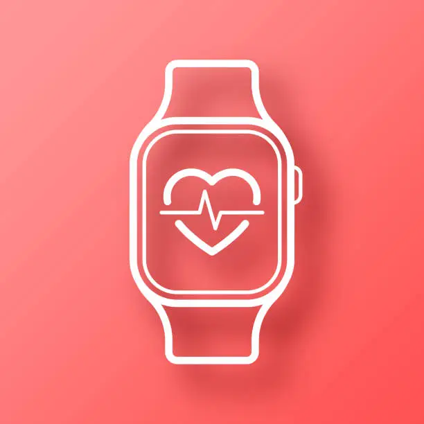 Vector illustration of Smartwatch with health app. Icon on Red background with shadow