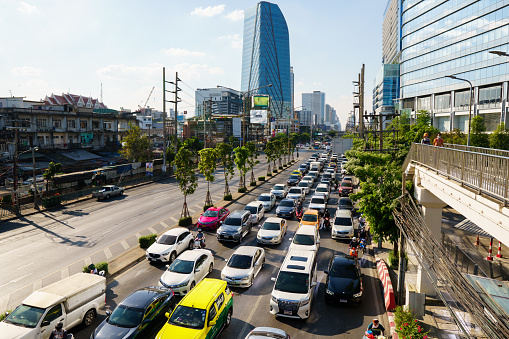 Bangkok, Thailand - December 30, 2020 : The traffic condition on Rama IV Road at downtown of Bangkok in the morning
