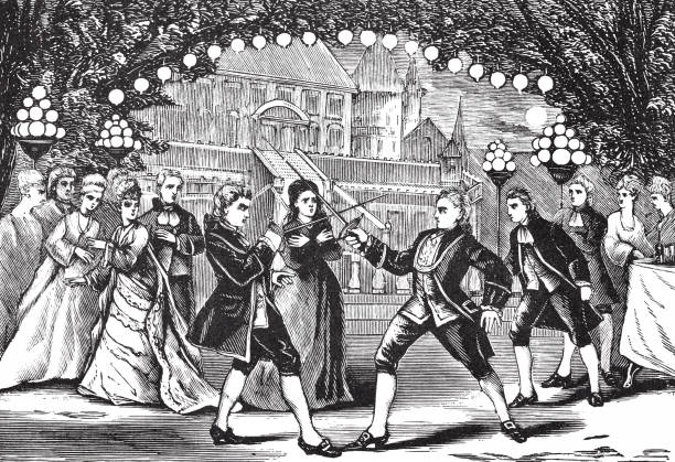 In a castle near Paris: two men fight each other with swords, the evening party is watching Illustration from 19th century. dueling stock illustrations
