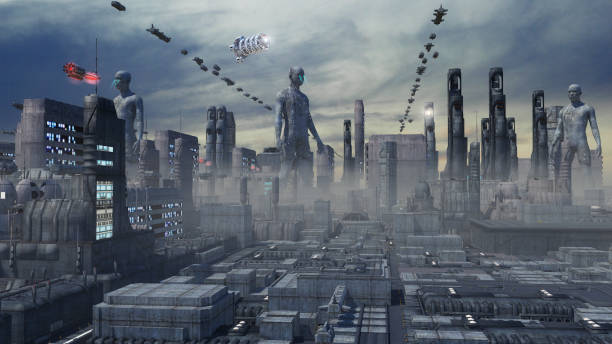 istock 3d rendering. Futuristic city and spaceships 1448347297