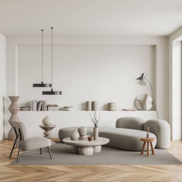 istock Light chill interior with couch and armchair with decoration. Mockup empty wall 1448348042