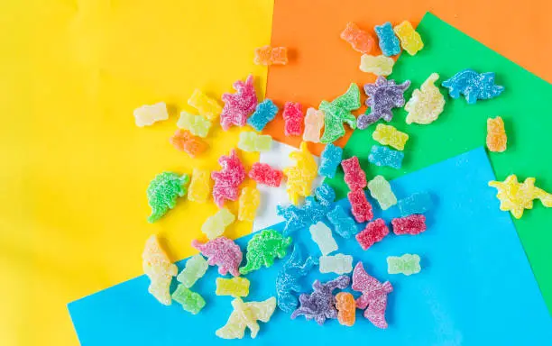 Photo of Dinosaurs and bear colorful jelly bonn, color background