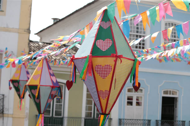 decoration for the party of Sao Joao in Pelourinho salvador, bahia, brazil - june 20, 2022: Decorative banners seen in the ornamentation for the festivities of Sao Joao in Pelourinho, Historic Center of the city of Salvador. quadrille to stock pictures, royalty-free photos & images