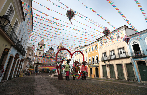 salvador, bahia, brazil - june 20, 2022: Decorative banners seen in the ornamentation for the festivities of Sao Joao in Pelourinho, Historic Center of the city of Salvador.