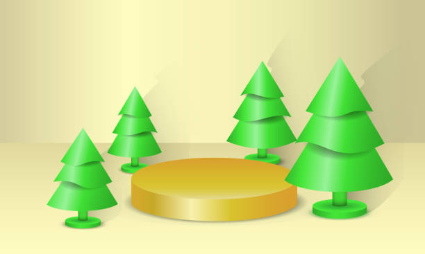 istock Abstract minimal mock up scene. Geometry podium shape for show cosmetic product display and goods gold color. Stage pedestal, platform. Christmas gold background with green christmas trees. 3D vector 1448348337