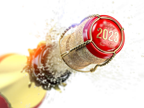 새로워진 2023년 복 많이 받으세요.  샴페인 병과 샴페인 코르크가 2023년 터집니다. - cork wine bottle wine champagne 뉴스 사진 이미지