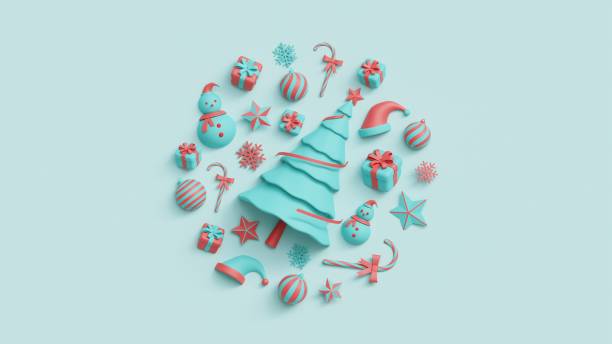 istock 3d rendering pink and green Christmas decoration items including Christmas tree, star, gift box, snow man, Santa hat, snow flake, candy cane, 3 types of decorative ball in circle layout. 1448350790