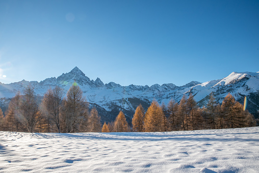 Landscape in ski-resort Lech after sunset during winter. Vorarlberg, Austria