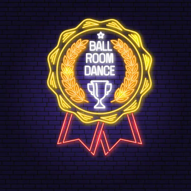 Vector illustration of Ballroom dance sport club Bright Neon Sign. Concept for shirt or logo, print, stamp or tee. Dance sport neon emblem with trophy cup for ballroom dancing silhouette. Vector illustration.