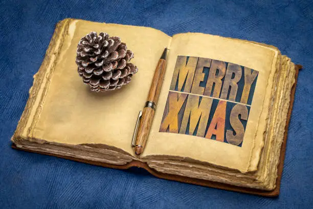 Merry Xmas (Christmas) greetings or wishes - word abstract in vintage letterpress wood type blocks in a retro journal, winter holidays banner