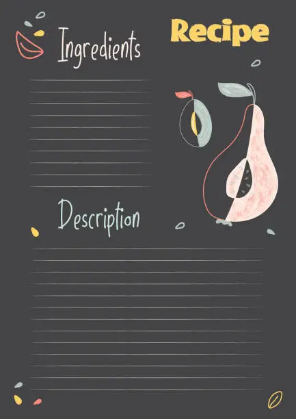 Vector illustration of Recipe sheet for a cookbook. Vector illustration of the menu sheet. Recipe card template on a black background with ingredients and a description of the dish.