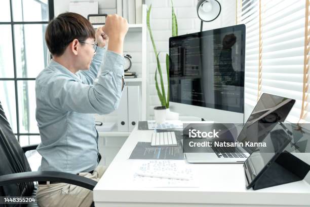 Programming At Gunpoint Male Programmer Raising Arms To Celebration After Successfully Checking ...