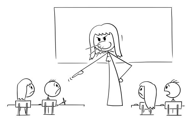 женщина-учитель кричит в классе, векторная иллюстрация фигуры мультяшной палочки - rudeness teacher training humor stock illustrations