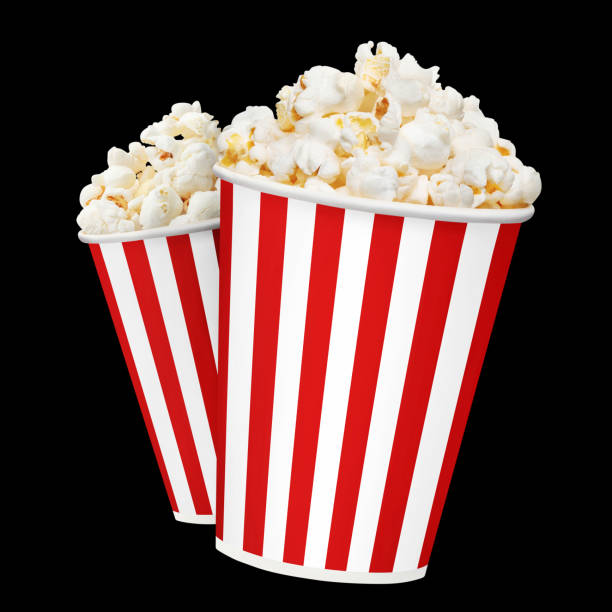 istock Red striped carton cups with delicious popcorn on black 1448356296