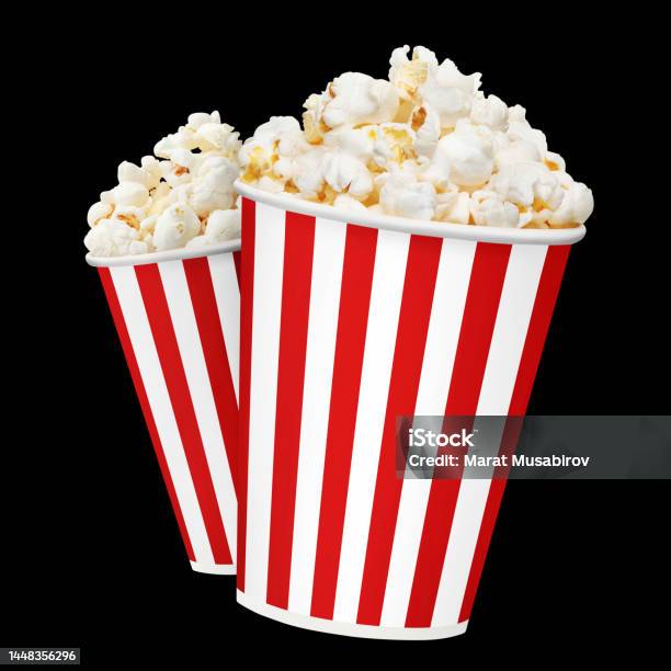 Red Striped Carton Cups With Delicious Popcorn On Black Stock Photo - Download Image Now