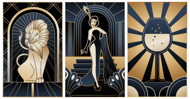 ilustraciones, imágenes clip art, dibujos animados e iconos de stock de ilustraciones de estilo art deco en colores negro y dorado - 1920