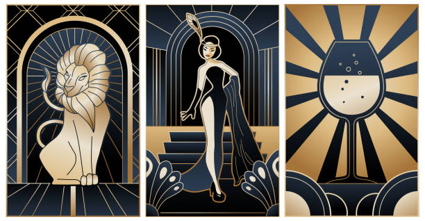 illustrations of art deco style in black and gold colours illustrations of art deco style in red, green-blue and silver colours, stylized lion, glass of wine and lady 1920 stock illustrations