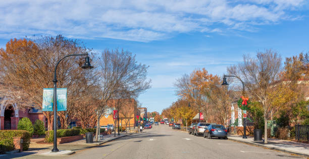 Wake Forest, NC-1 Dec 2022: Wide angle view of White Street on sunny, blue sky day.