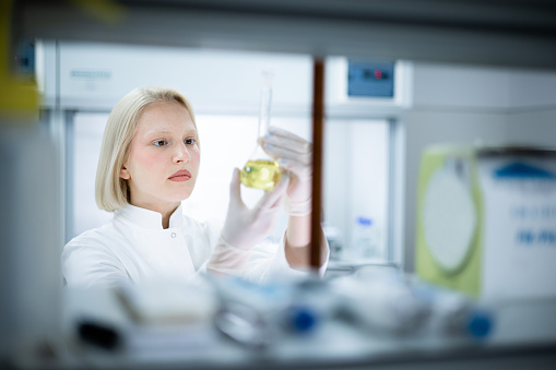 Concentrated female chemist working on medical research in laboratory.