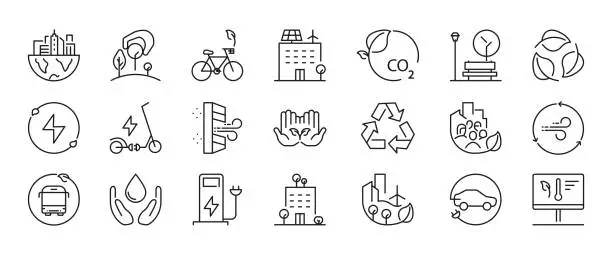 Vector illustration of Eco energy friendly city icons set. Concept of energy efficient city with green energy symbols isolated on white background. Vector EPS 10