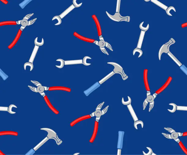 Vector illustration of Pliers, hammer, wrench, workshop and auto repair shop, seamless vector background, pattern. Repair, repairing, tools and mechanical, graphic and vector design