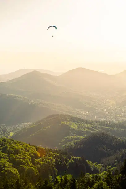 Paraglider at the Devil's Mill in the Black Forest in front of the panorama of the Murg Valley, Rhine Valley and Vosges in the golden evening sun.