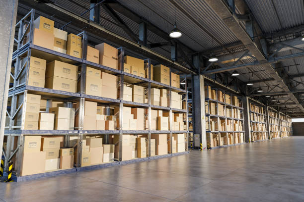 istock 3D illustration. Cardboard boxes on storage warehouse shelves. 1448358888