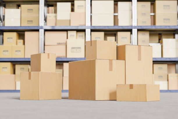 istock 3D illustration. Cardboard boxes ready for deliver in a warehouse. 1448358906