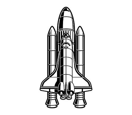 Black and white vector illustration of space shuttle on a white background
