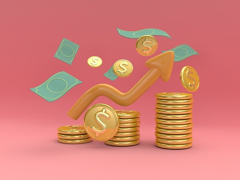 Concept 3D render money coin stacks, bank note and orange arrow up on pink pastel background. For finance, investment, money earning growth illustration.