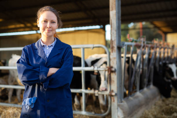 istock Cheerful woman posing in cowshed on farm breeding dairy cows 1448363709