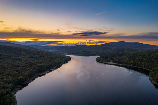 The sun sets over The Harriman Reservoir in Wilmington, Vermont.