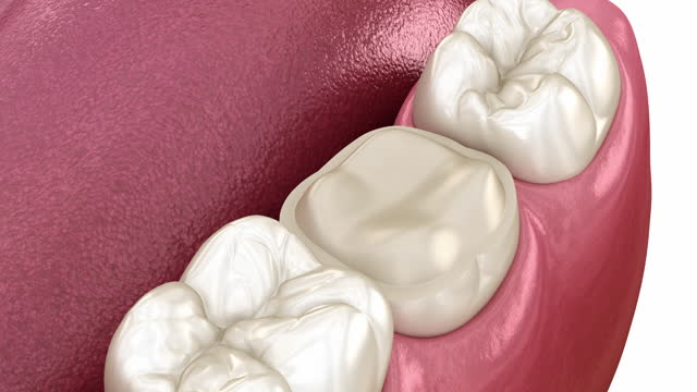 Dental onlay ceramic crown restoration. Medically accurate 3D animationof human teeth treatment