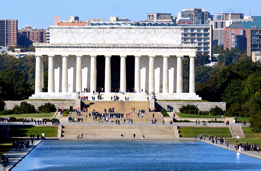 The national memorial of president Thomas Jefferson illuminated from within over the night in the nation's capital