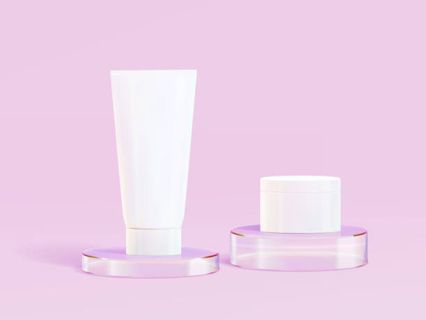 istock 3d glass podium. Beauty product display cosmetic minimal scene. Vector cosmetic promotion stage. 1448364363
