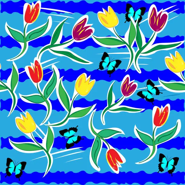Vector illustration of Seamless pattern with tullips and butterfly and blue background
