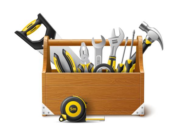 Realistic tool box. Wooden chest with different repairman instrument, carpentry equipment store. Hammer, saw and wrenches, 3d isolated composition with worker objects utter vector concept Realistic tool box. Wooden chest with different repairman instrument, carpentry equipment store. Hammer, saw and wrenches, 3d isolated composition with professional worker objects utter vector concept trunk furniture stock illustrations