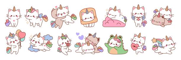 bildbanksillustrationer, clip art samt tecknat material och ikoner med cute unicorn cats. funny color fairy animals with rainbow tails, baby adorable kittens sleeping, playing and cuddling, kawaii pets, cartoon stickers collection, tidy vector set - kawaii