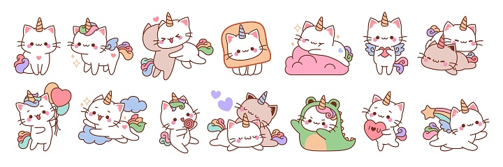 Cute unicorn cats. Funny color fairy animals with rainbow tails, baby adorable kittens sleeping, playing and cuddling, kawaii pets in different poses, cartoon stickers collection, tidy vector set