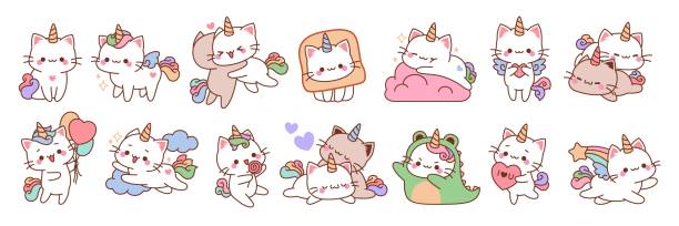 Cute unicorn cats. Funny color fairy animals with rainbow tails, baby adorable kittens sleeping, playing and cuddling, kawaii pets, cartoon stickers collection, tidy vector set Cute unicorn cats. Funny color fairy animals with rainbow tails, baby adorable kittens sleeping, playing and cuddling, kawaii pets in different poses, cartoon stickers collection, tidy vector set kawaii stock illustrations