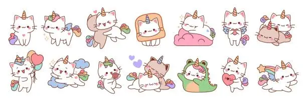 Vector illustration of Cute unicorn cats. Funny color fairy animals with rainbow tails, baby adorable kittens sleeping, playing and cuddling, kawaii pets, cartoon stickers collection, tidy vector set