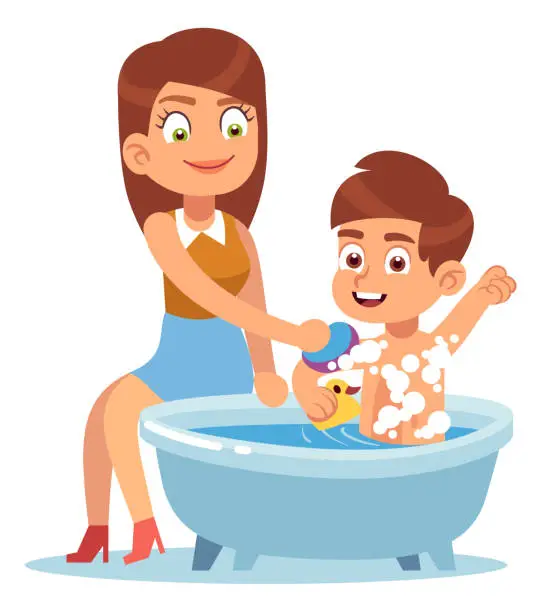 Vector illustration of Boy in bathroom. Mom washes son, child daily routine, kid sitting in bath, yellow rubber duck and sponge with shampoo foam, children body care and hygiene concept, vector illustration
