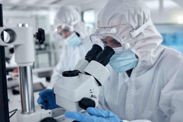 istock PPE, covid and DNA scientist with microscope research for science innovation, investigation and development in a test laboratory. Biotechnology people with analysis or studying medical sample in lab 1448368501